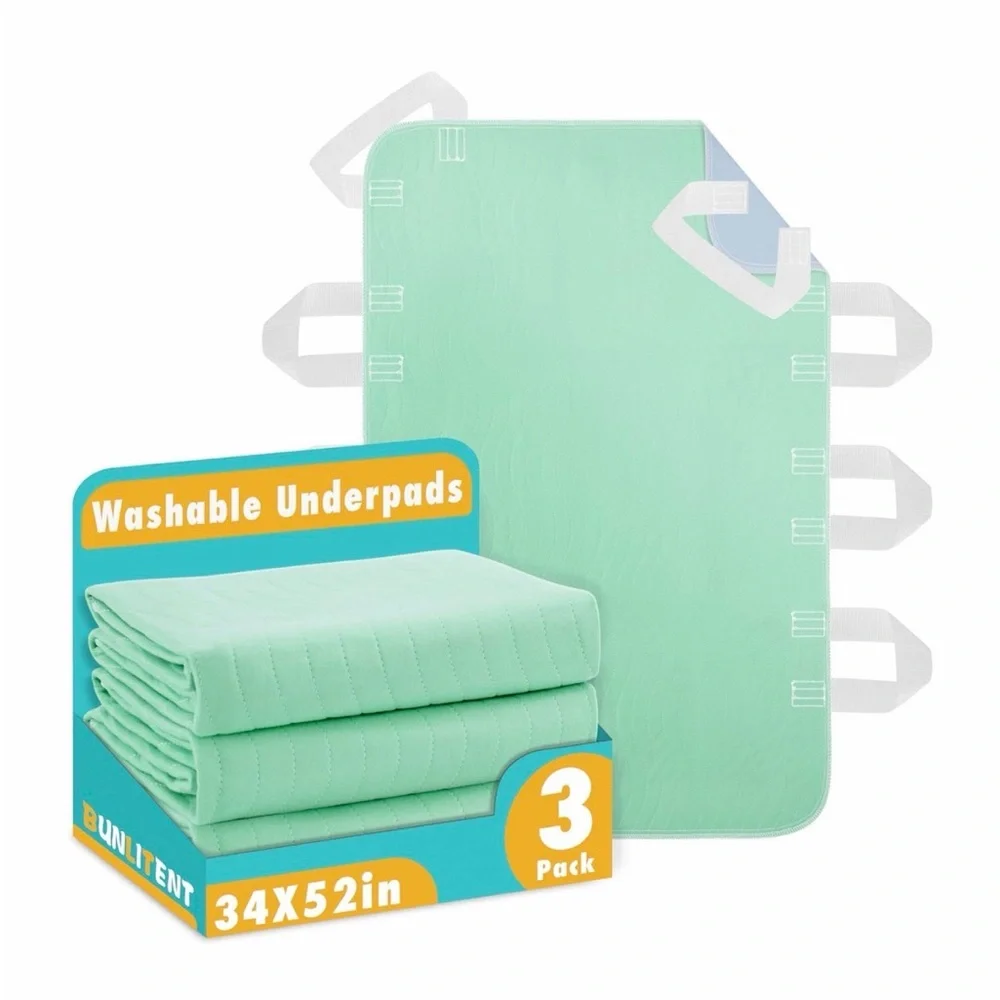 3 Pack Mint Green Incontinence Washable Bed🛏️Pads with 8 Sturdy Handles 34”×52”